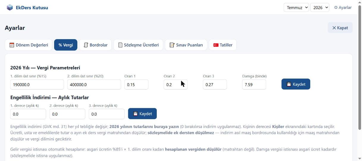 Vergi parametreleri sekmesi: dilim üst sınırları, oranlar, damga bindesi ve engellilik indirimi tutarları.