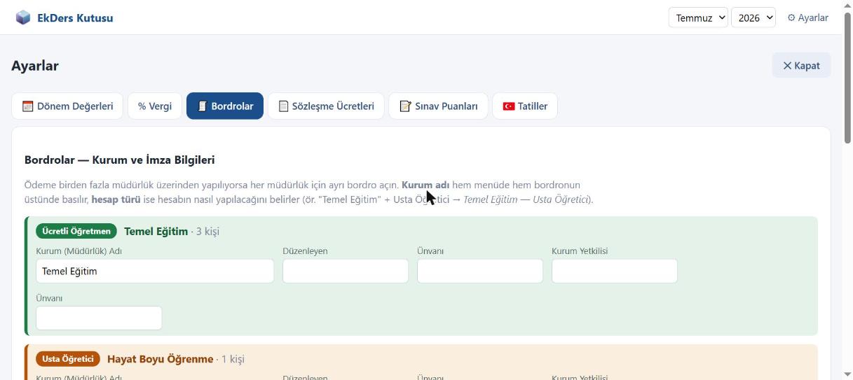 Bordrolar sekmesi: her bordro için kurum adı, düzenleyen, unvan ve kurum yetkilisi alanları.