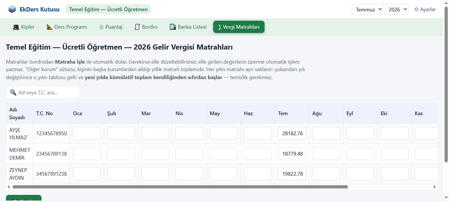Vergi matrahları ekranı: kişi başına aylara göre gelir vergisi matrahı tablosu.