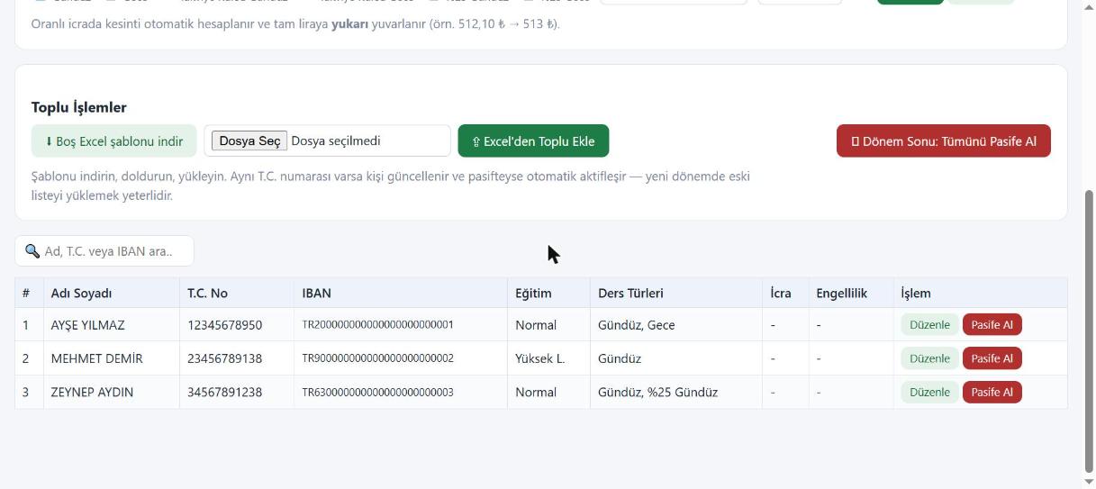 Kişi listesi tablosu ve üstünde Excel şablonuyla toplu ekleme bölümü.