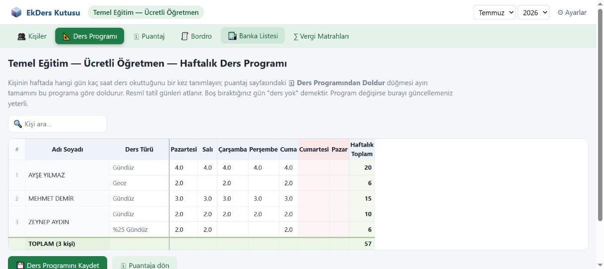 Haftalık ders programı tablosu: kişi başına gündüz ve gece saatleri, haftalık toplam.