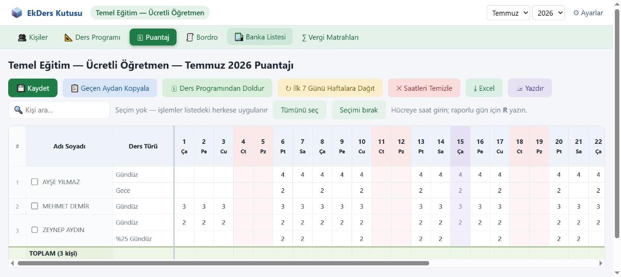 Temmuz 2026 puantaj tablosu: günlere göre saatler, tatil sütunları renkli.