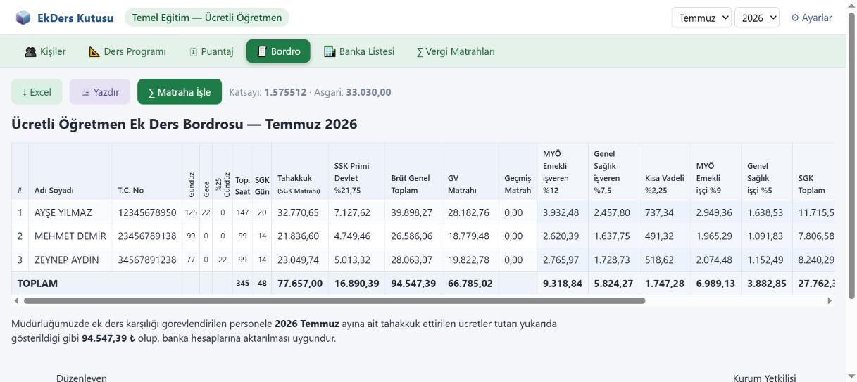 Ek ders bordrosu: tahakkuk, SGK payları, gelir ve damga vergisi, ele geçen tutar sütunları.